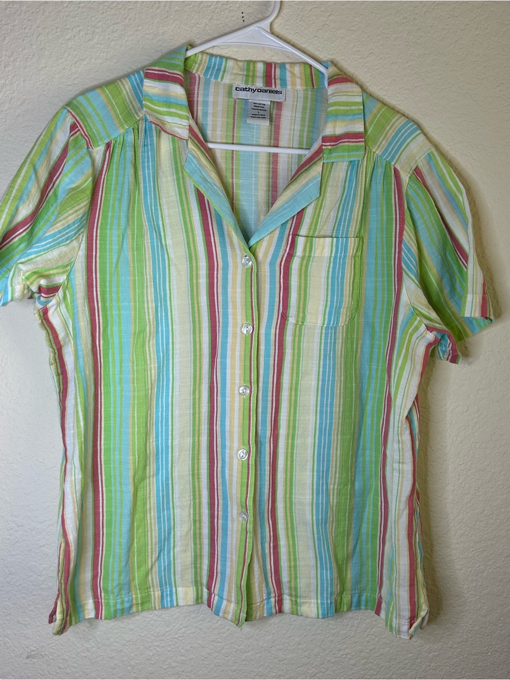 Cathy Daniels Bright Pastel Striped Short Sleeve Button Up Women’s 100% Top Larg